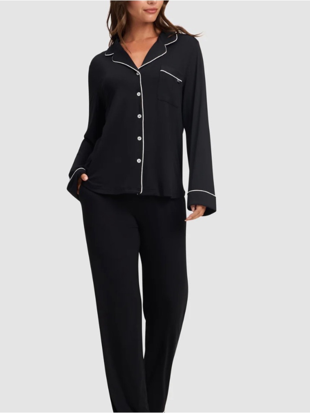 Cozy Earth Women's Bamboo Stretch-Knit Long Sleeve Pajama Set in Black Size: L